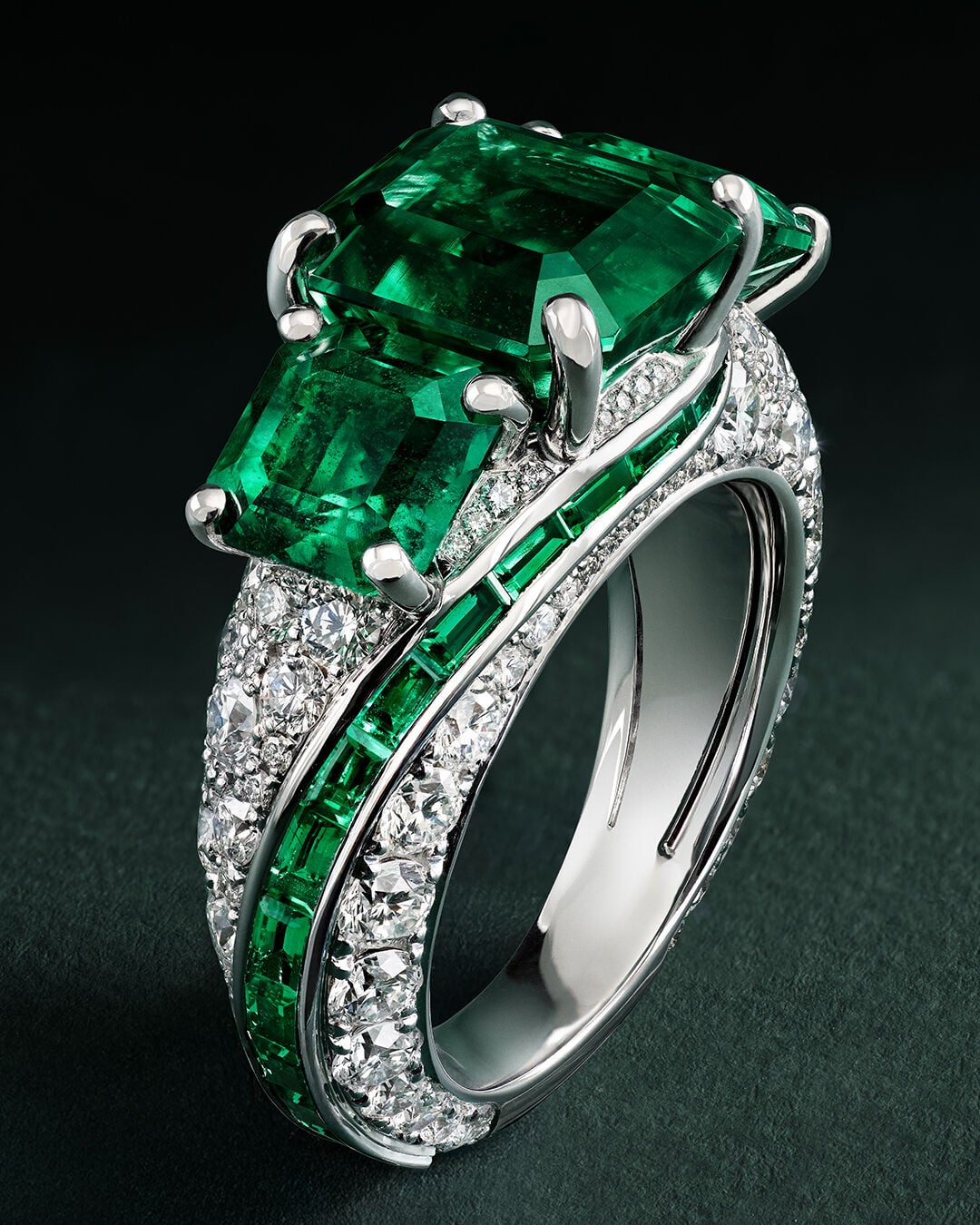 Emerald Cut Emerald Three Stone Ring, White Gold - Graff